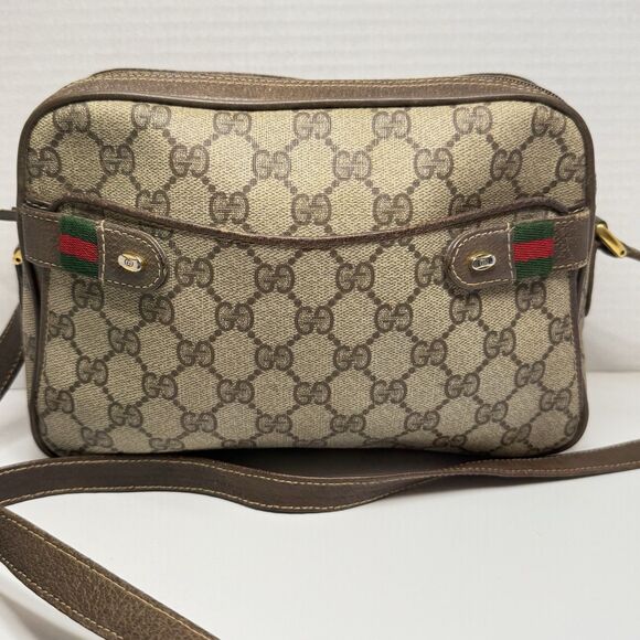 Vintage GUCCI GG Canvas Web Sherry Line Beige Red Green Shoulder Bag - Picture 2 of 13